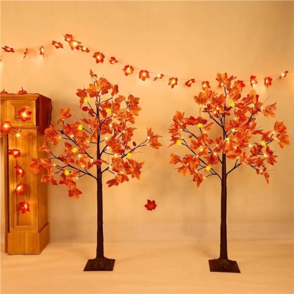 2 Pack 4 Ft Prelit Lighted Fall Maple Tree Halloween Fall Decorations - Picture 4 of 7